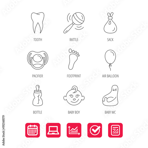 Pacifier  baby boy and bottle icons. Tooth sign.