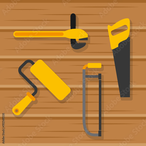set tools construction equipment on wooden background vector illustration