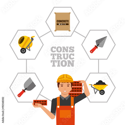 construction worker holding bricks and tools vector illustration