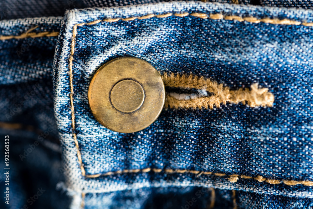 Knopf Knopfloch alte blaue baumwoll Jeans Makro Knopf Knopfloch alte blaue baumwoll Jeans Makro