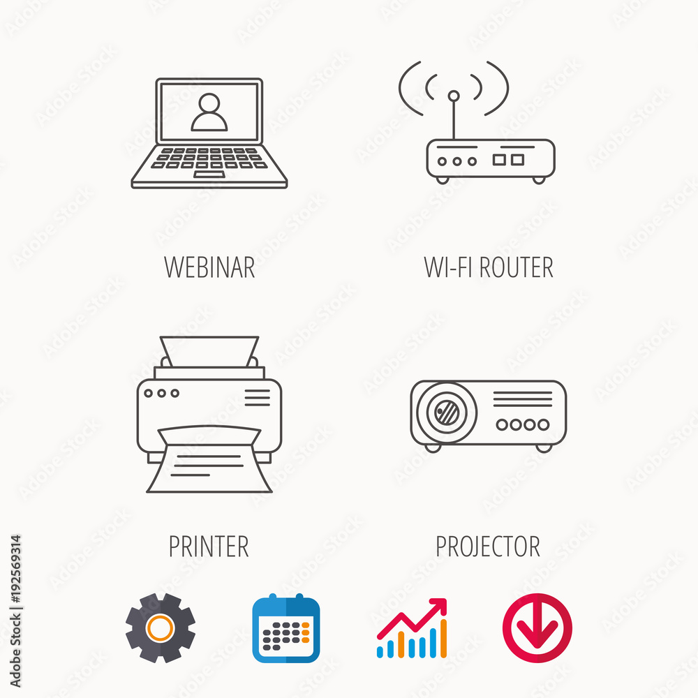 Printer, wi-fi router and projector icons. Printer, wi-fi router and projector icons.