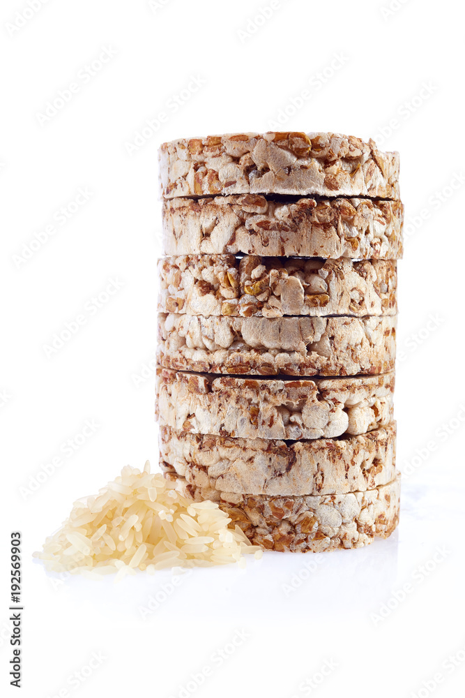 Round wheat crispbread, white background. Composition of crispbread on white background. Round wheat crispbread, white background. Composition of crispbread on white background.
