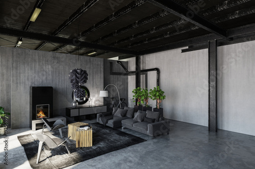 Trendy monochrome grey loft living room