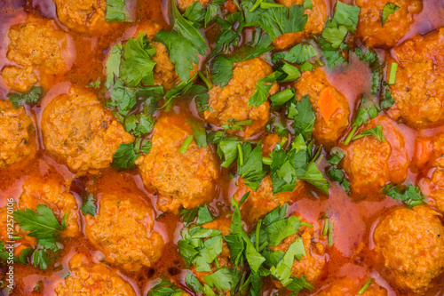 Hot meat meatballs in tomato sauce top view