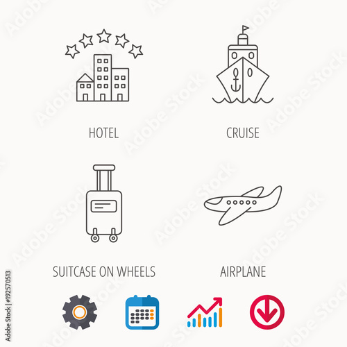 Hotel, cruise ship and airplane icons.
