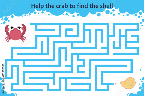 Vector maze game. Help the crab to find the shell. Children educational game