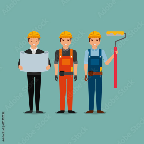 construction workers egineer foreman blueprint and roller paint vector illustration photo