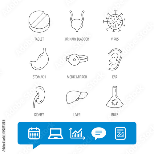 Virus, tablet and stomach organ icons.
