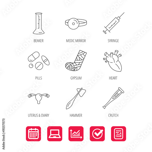 Syringe, beaker and pills icons. Medical signs.
