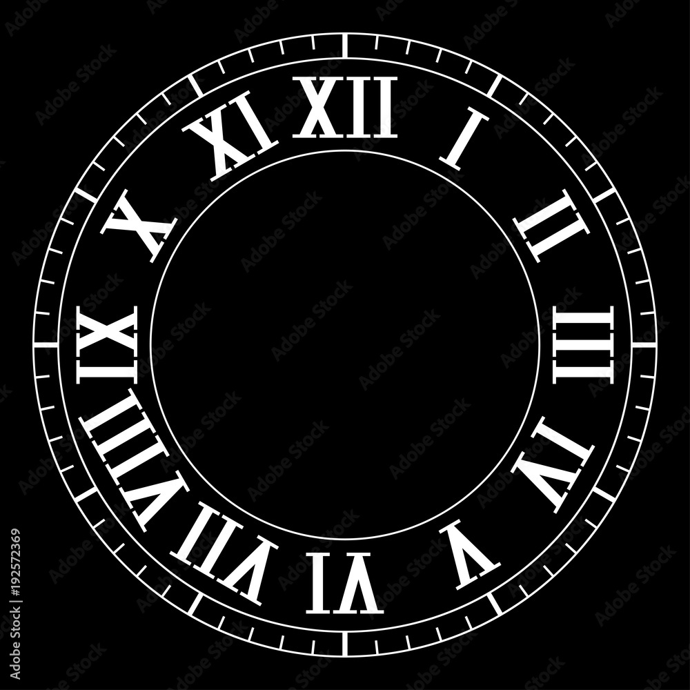 Clock face with roman numerals on black background Clock face with roman numerals on black background