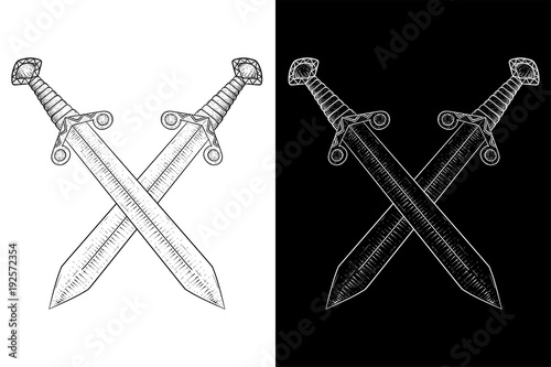 Crossed swords. Viking weapon. Hand drawn sketch