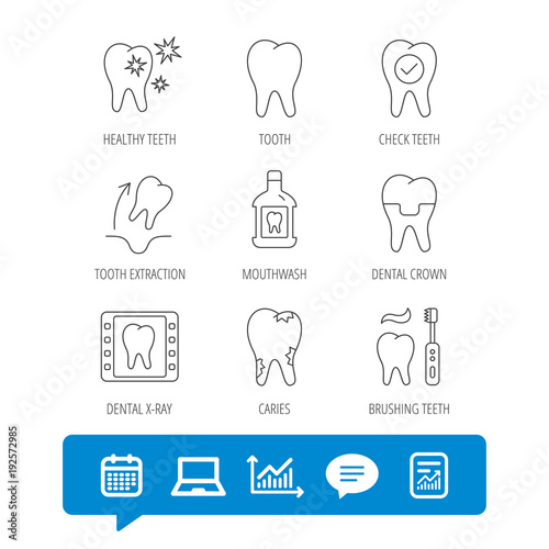 Tooth, dental crown and mouthwash icons. Caries.