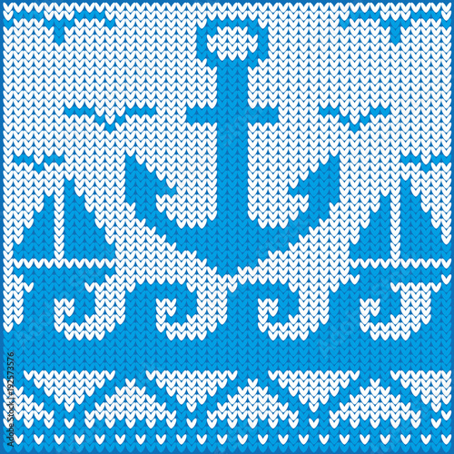 Background in the form of a knitted fabric with images of the sea, ship. Knitted background on the marine theme. Sea ornament. Woolen knitted texture.