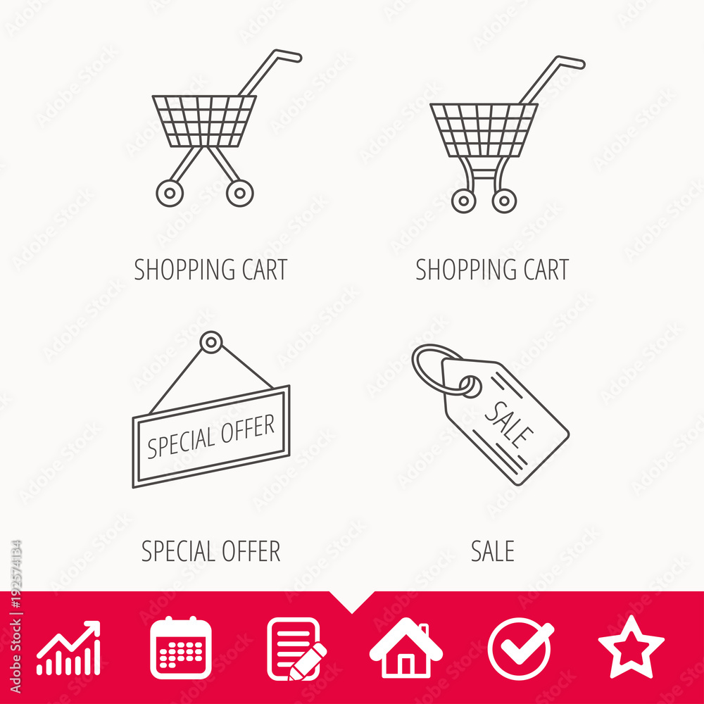 Shopping cart, special offer and sale coupon icons. Shopping cart, special offer and sale coupon icons.