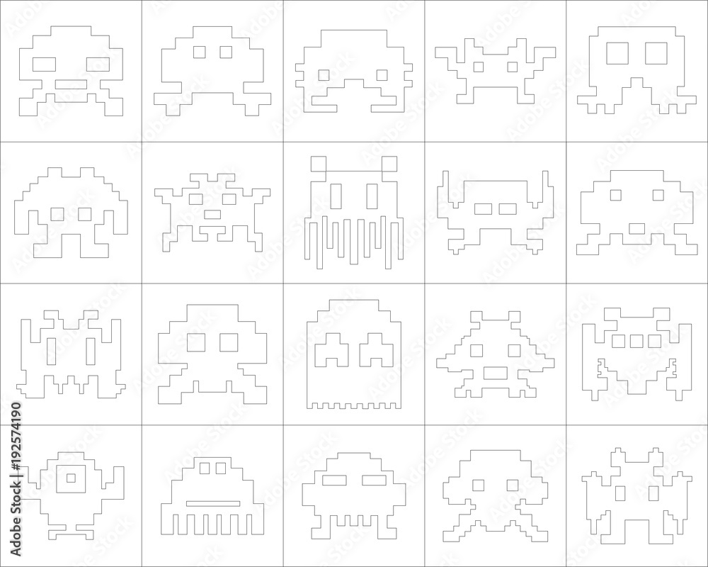 Large and detailed icon set of pixel monsters
