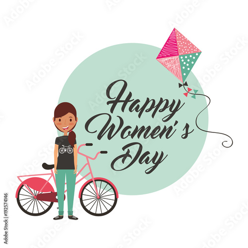 young girl with bike and kite happy womens day card vector illustration