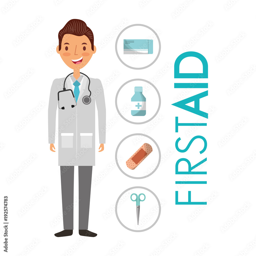 doctor and first aid medical equipment materials vector illustration doctor and first aid medical equipment materials vector illustration