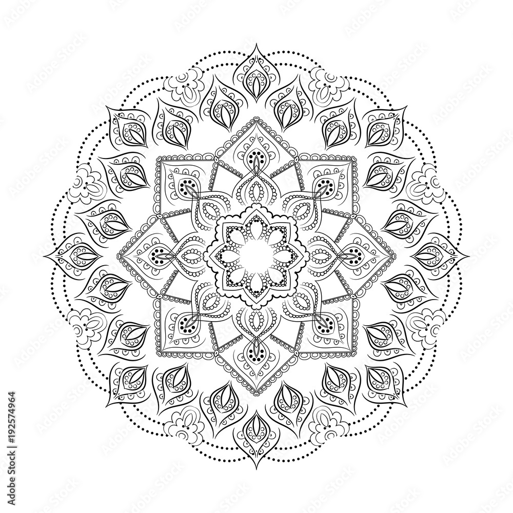 Mandala. Ethnic Amulet. Black and white decorative element, round ornamental geometric doily pattern. Picture for coloring.