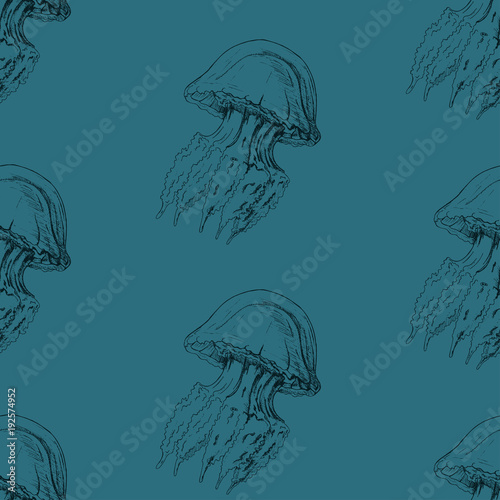 Vector seamless pattern with hand drawn jellyfish sketch. Vintage background. Sealife illustration