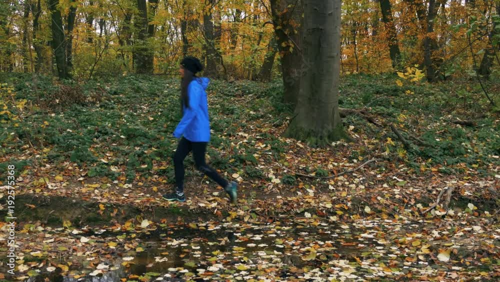 Dolly shot: young woman in blue jacket walking in the autumn woods. Dolly shot: young woman in blue jacket walking in the autumn woods.
