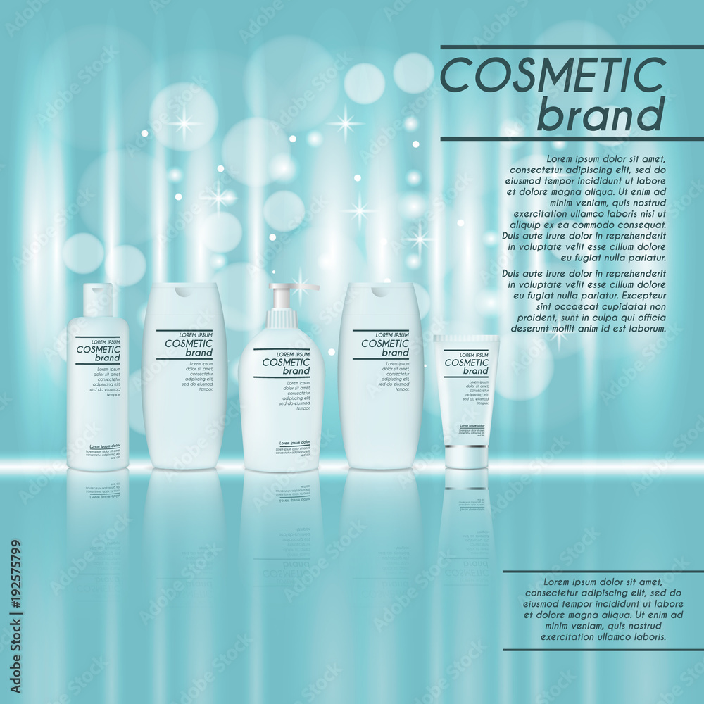 3D realistic cosmetic bottle ads template. Cosmetic brand advertising concept design with glitters and bokeh background 3D realistic cosmetic bottle ads template. Cosmetic brand advertising concept design with glitters and bokeh background
