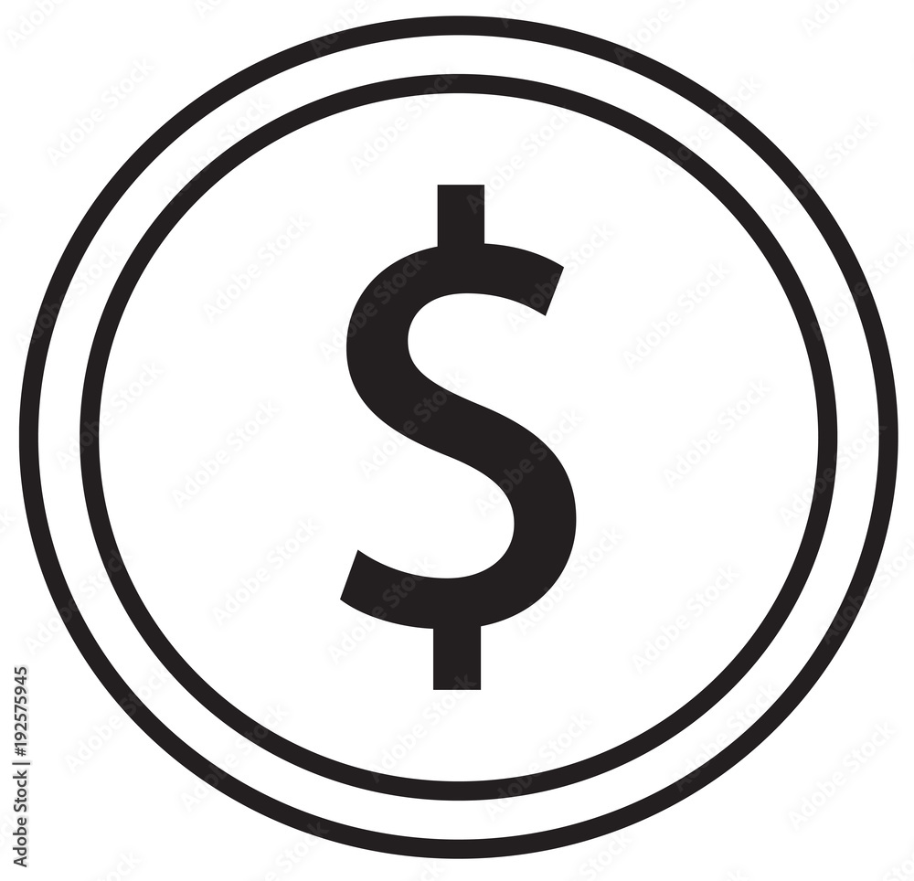 Dollar currency icon or logo vector over a coin. Symbol for United States of America bank, banking or American finances. Dollar currency icon or logo vector over a coin. Symbol for United States of America bank, banking or American finances.