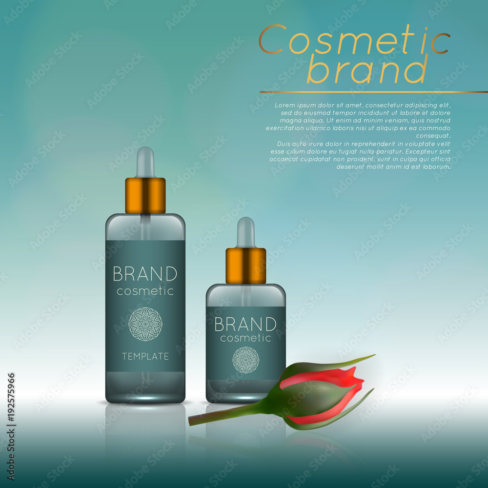 Vector 3D cosmetic illustration with rose and bokeh background. Beauty realistic cosmetic product design template.