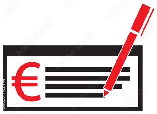 Euro currency icon or logo vector on a paycheck or cheque. Symbol for European Union bank, banking or Europe Eurozone finances