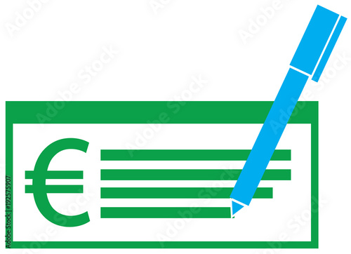 Euro currency icon or logo vector on a paycheck or cheque. Symbol for European Union bank, banking or Europe Eurozone finances