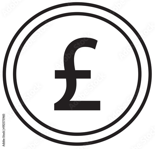 Pound or Pound Sterling currency icon or logo vector over a coin. Symbol for United Kingdom or Great Britain and England bank, banking or British and English finances.