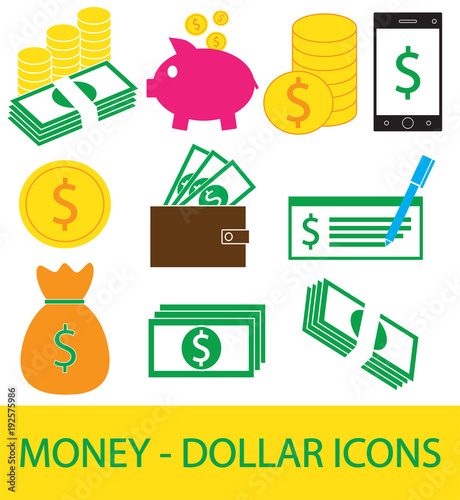 Set, collection or pack of Dollar currency icon or logo vector. Coins, notes or bills, cell or mobile phone, wallet or check. Symbol for United States of America bank, banking or American finances.