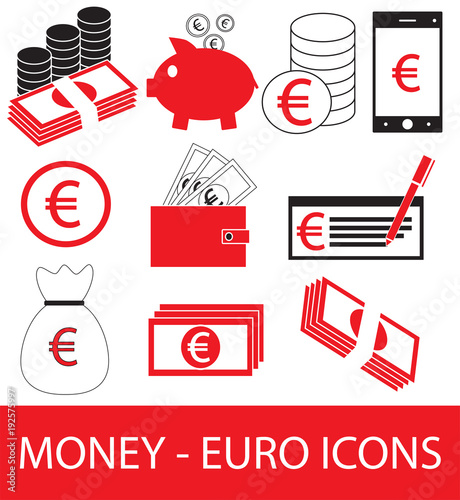 Set, collection or pack of Euro currency icon or logo vector. Coins, notes or bills, cell or mobile phone, wallet or check. Symbol for European Union bank, banking or Europe Eurozone finances