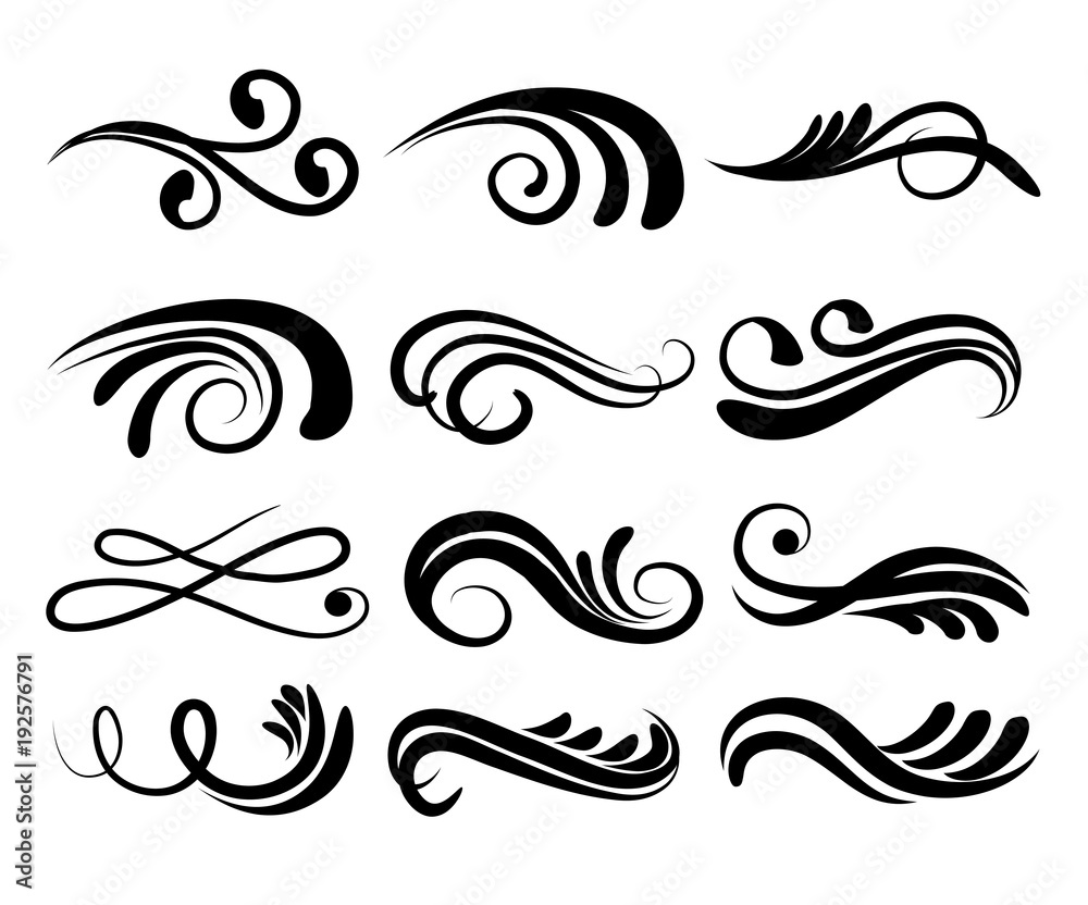 Swirly line curl patterns isolated on white background. Vector flourish  vintage embellishments for greeting cards. Collection of filigree frame  decoration illustration Stock Vector