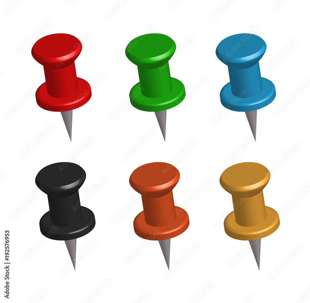 3d push pins on white background. set 3d push pins. flat style. set of office pins. 3d push pins on white background. set 3d push pins. flat style. set of office pins.