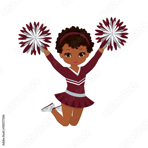 Cheerleader in maroon and silver uniform with Pom Poms. Vector illustration isolated on white background.