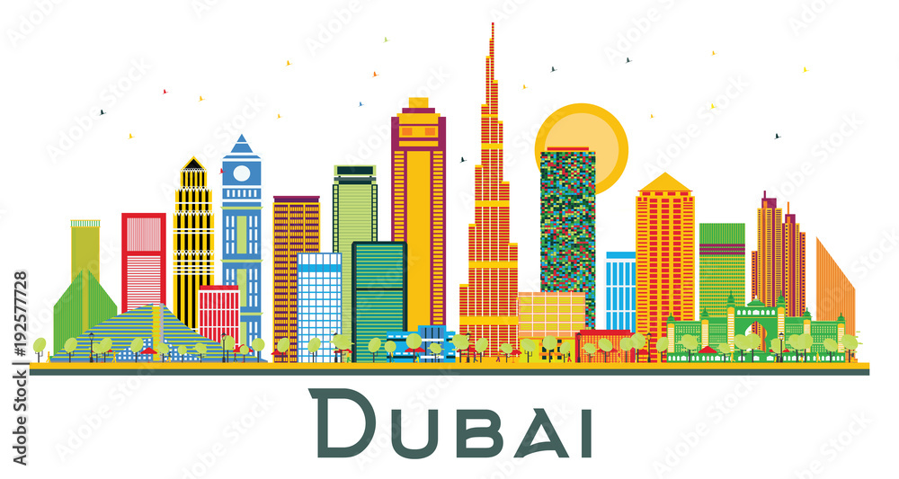 Naklejka premium Dubai UAE City Skyline with Color Buildings.