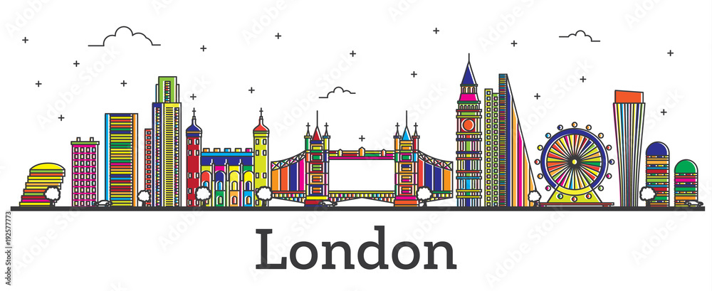 Outline London England City Skyline with Color Buildings Isolated on White.