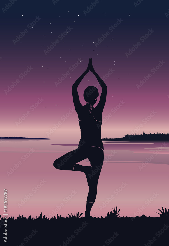 Yoga background. Silhouette of young woman practicing yoga at river front - vector illustration 