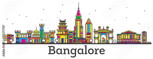 Outline Bangalore India City Skyline with Color Buildings Isolated on White. © BooblGum