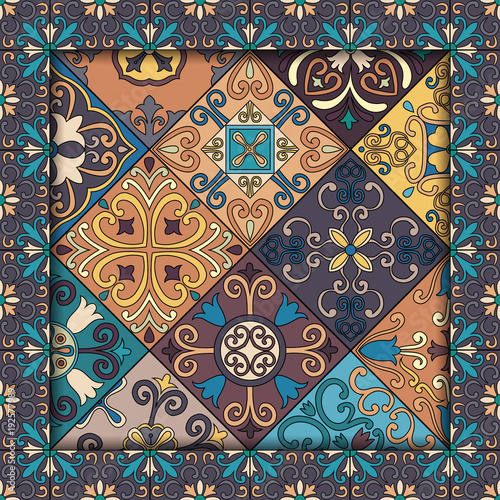 Seamless pattern with portuguese tiles in talavera style. Azulejo, moroccan, mexican ornaments.