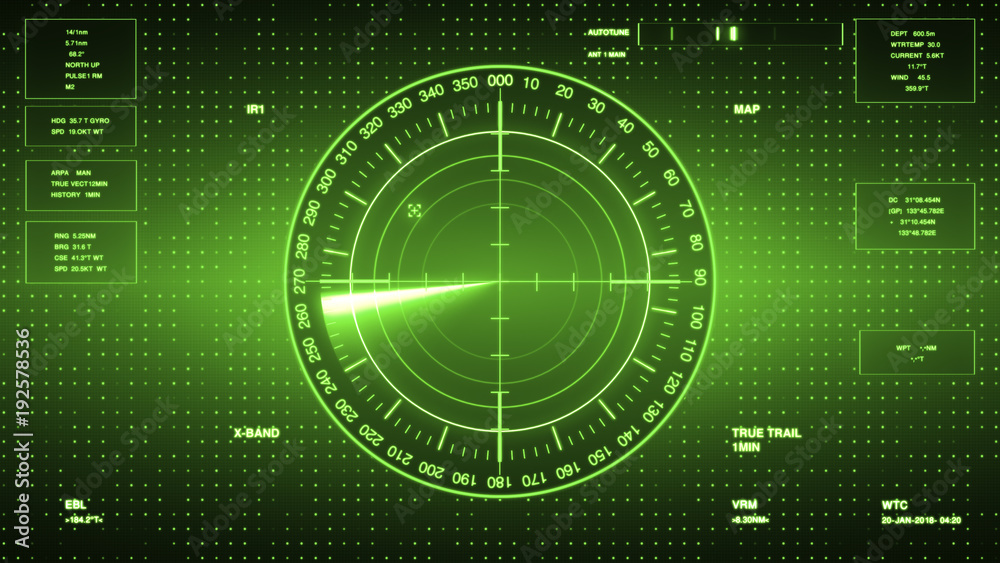 Sonar Screen For Submarines And Ships. Radar Sonar With Object On Map. Futuristic HUD Navigation monitor
