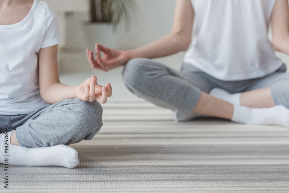 Fototapeta premium cropped shot of mother and daughter meditating in lotus pose together