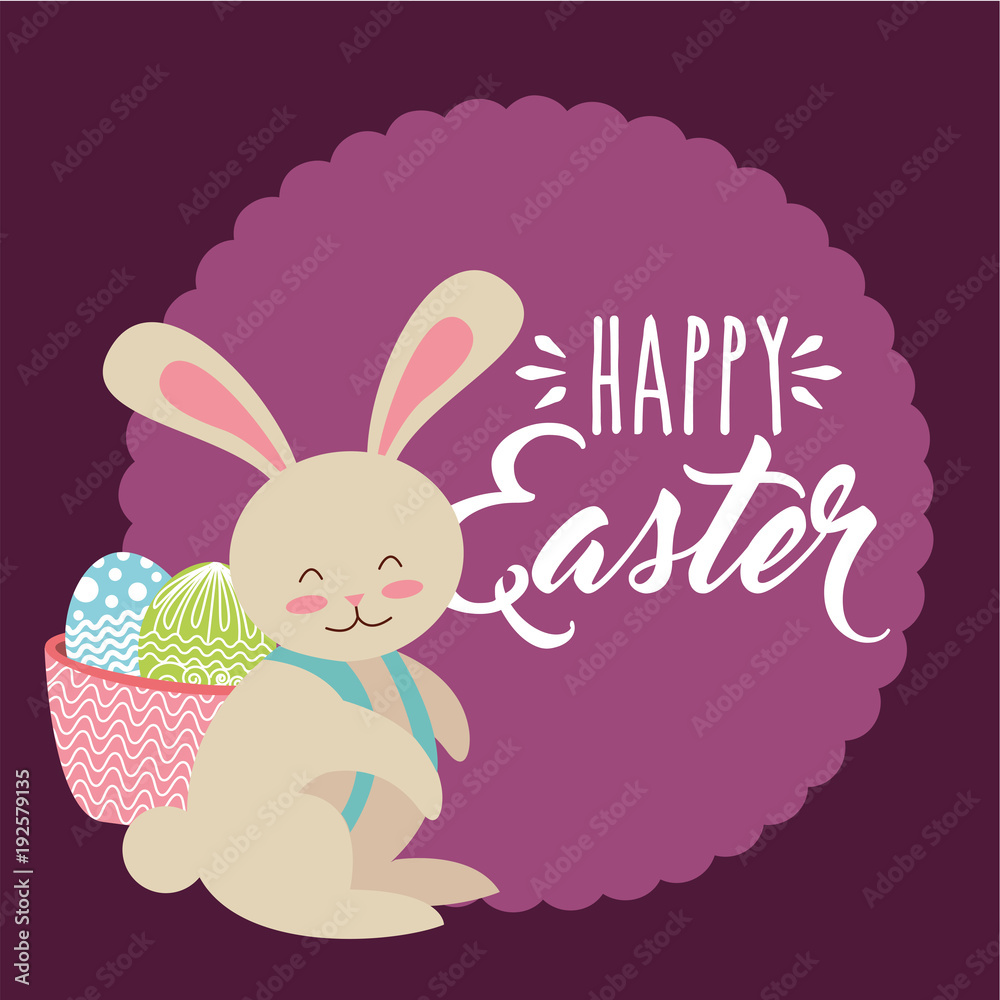 cute bunny with basket on his back with eggs happy easter label vector illustration cute bunny with basket on his back with eggs happy easter label vector illustration