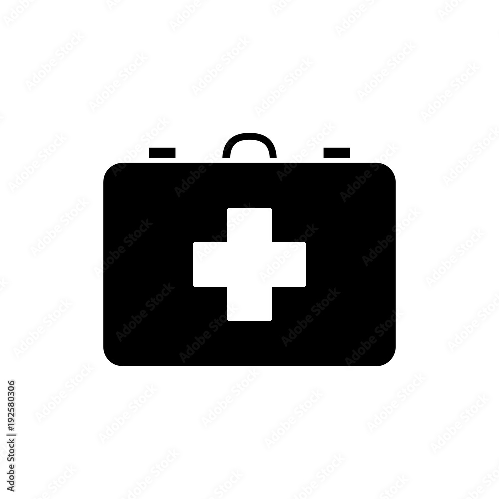 Monochrome first aid kit icon in flat style. Isolated first aid kit icon for use in variety of projects. Black and white vector first aid kit icon for web sites and apps. Monochrome first aid kit icon in flat style. Isolated first aid kit icon for use in variety of projects. Black and white vector first aid kit icon for web sites and apps.