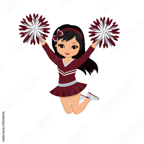 Cheerleader in maroon and silver uniform with Pom Poms. Vector illustration isolated on white background.
