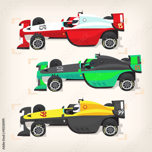 Colorful racing cars standing on the start line waiting for the challenge beginning. Extreme motorsport poster. Vector illustration
