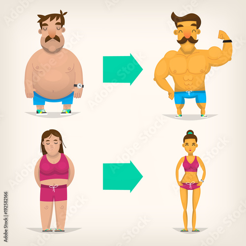 Man and girl before and after fitness. Results and benefits of healthy lifestyle.