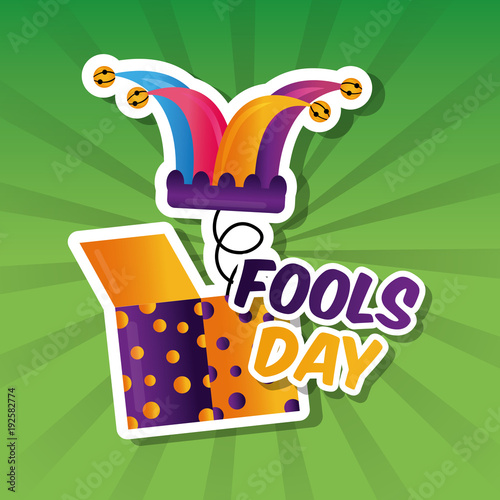 prank box with jester hat fools day card vector illustration