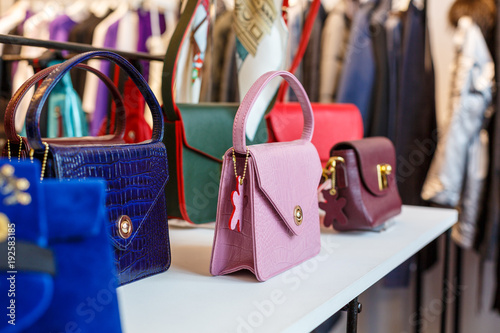 Handbags in shop window display.