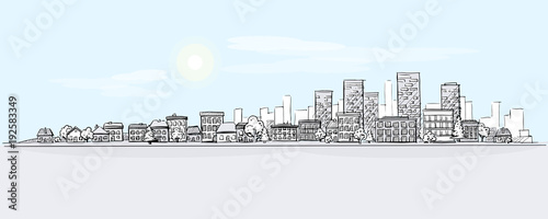 Flat vector cartoon illustration of hand drawing urban landscape with skyline, city office buildings and family houses in small town village in background. Layered doodle pen or pencil line sketch.